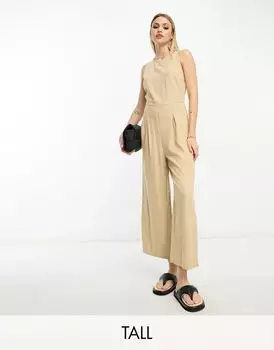 Комбинезон Vero Moda из льняного материала бежевого цвета со складками спереди и широкими штанинами