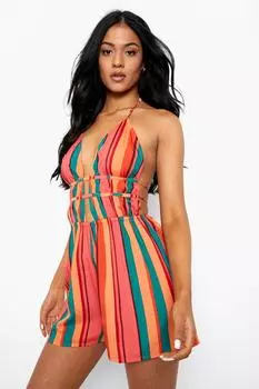 Комбинезон в высокой полоске с хэлтером Boohoo, розовый