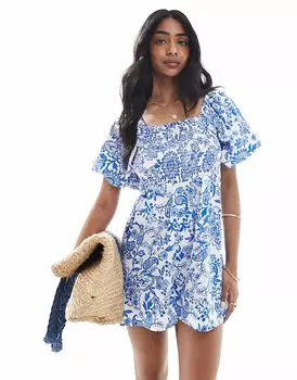 Комбинезон Wednesday's Girl с присборенной грудью и рукавами-фонариками в синем и белом цвете