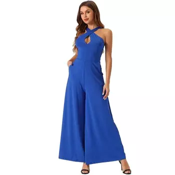 Комбинезоны с перекрестным вырезом для женщин, широкий комбинезон без рукавов, полная длина ALLEGRA K, синий