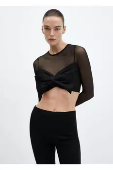 Комбинированная блузка из трикотажа с завязками Mango, черный