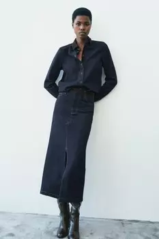 Комбинированная джинсовая юбка коллекция zw ZARA, синий