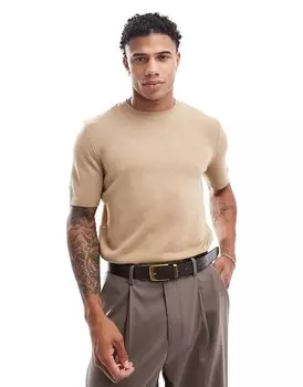 Комбинированная футболка бежевого цвета с круглым вырезом ASOS DESIGN