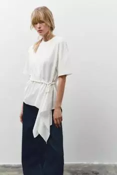 Комбинированная футболка из поплина ZARA, белый