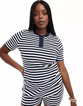 Комбинированная футболка в вафельную полоску ASOS DESIGN Curve – Henley
