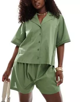 Комбинированная хлопковая купальная рубашка цвета хаки ASOS DESIGN