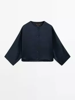 Комбинированная куртка-бомбер из струящегося атласа Massimo Dutti, синий