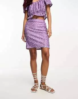 Комбинированная мини-юбка с завышенной талией фиолетового цвета с цветочным принтом Pieces