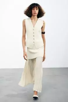 Комбинированная плиссированная трикотажная юбка ZARA, цвет Mid-ecru