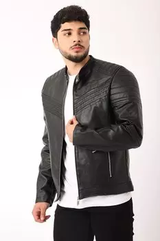 Комбинированная стильная куртка из искусственной кожи в полоску на груди по бокам BL 1464 Stilkombin