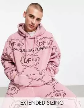 Комбинированная толстовка оверсайз цвета тедди-борг ASOS Dark Future с монограммным логотипом по всей поверхности и вышивкой розового цвета
