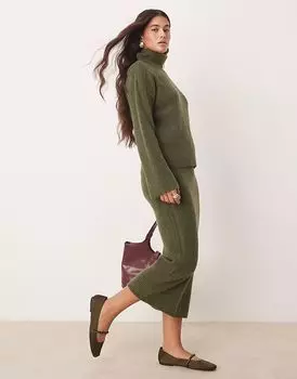 Комбинированная трикотажная юбка миди цвета хаки Vila