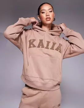 Комбинированное худи оверсайз с логотипом Kaiia букле цвета эспрессо