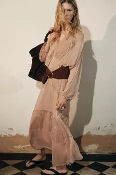 Комбинированное кружевное платье ZARA, средне-розовый