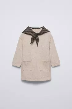 Комбинированное платье с клетчатым шарфом ZARA, светло-бежевый