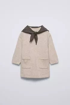 Комбинированное платье с клетчатым шарфом ZARA, светло-бежевый