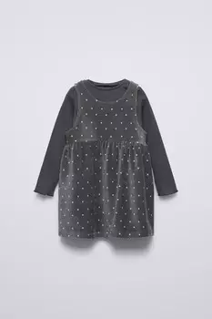 Комбинированное платье-сарафан из микро-вельвета с футболкой в рубчик ZARA, антрацитово-серый