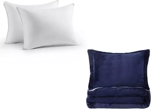 Комбинированное постельное белье, комплект из 2 пуховых альтернативных подушек для сна, комплект ультрамягких одеял из шерпы (темно-синий, королева) Seward Park