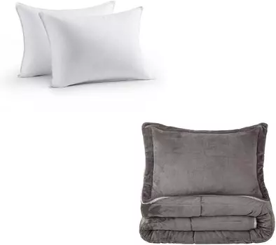 Комбинированное постельное белье, комплект из 2 пуховых альтернативных спальных подушек, комплект ультрамягких одеял из шерпа (угольный, размер Queen) Seward Park