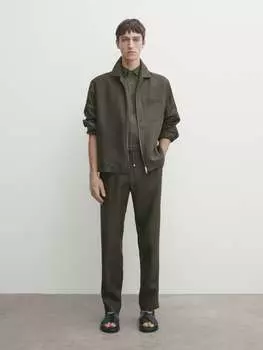 Комбинированные брюки из фактурного льна Massimo Dutti, хаки