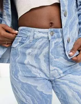 Комбинированные джинсы прямого кроя синего мраморного цвета Pieces