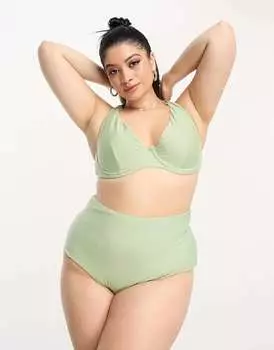 Комбинированные плавки бикини с высокой талией ASOS Curve серо-зеленого цвета