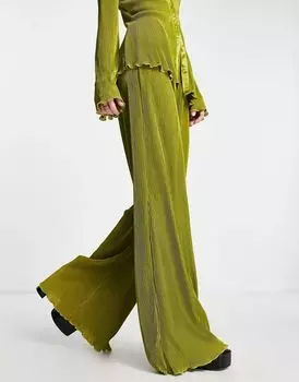 Комбинированные расклешенные брюки со складками цвета хаки Saint Genies