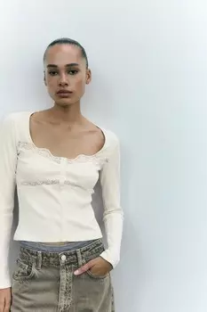 Комбинированный кружевной топ ZARA, экрю