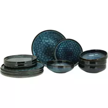 Комбинированный сервиз andas «Сорлев», (набор, 12 предметов, по 4 обеденные тарелки, десертные тарелки, пиалы), реактивная глазурь, каждое изделие уникально, цвет blau