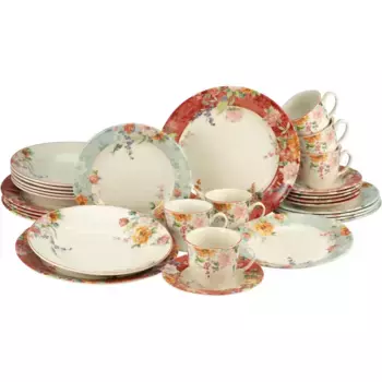 Комбинированный сервиз CreaTable «Набор посуды Багровый» (набор, 30 предметов, кофейный сервиз и обеденный сервиз в наборе, на 6 персон), сервиз, свежие цвета, украшение розами, 30 предметов, на 6 персон, цвет bunt