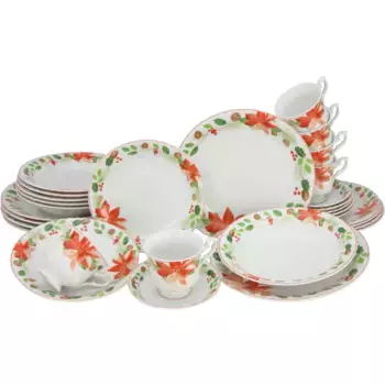 Комбинированный сервиз CreaTable «Набор посуды Ивона, Зима, Адвент, Рождественский» (набор, 30 предметов, кофейный сервиз и обеденный сервиз в наборе, на 6 персон), сервиз, чашка пешком, праздничный декор, 30 предметов, на 6 персон, белый/красны...