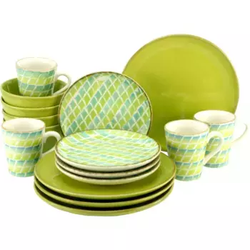 Комбинированный сервиз CreaTable «Набор посуды Кордова» (набор, 16 предметов, кофейный сервиз и обеденный сервиз в наборе, на 4 персоны), сервиз, ромбовидный узор, Сделано в Европе, 16 предметов, на 4 персоны, бирюзовый/зеленый