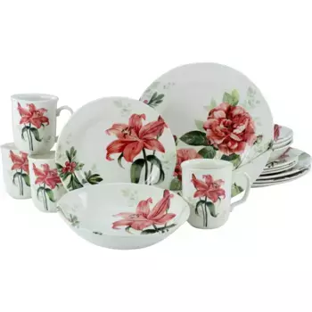 Комбинированный сервиз CreaTable «Набор посуды с розмарином», (набор, 16 предметов, кофейный сервиз и обеденный сервиз в наборе, на 4 персоны), сервиз, украшение розами/цветами, 16 предметов, на 4 персоны, белый/красный/зеленый
