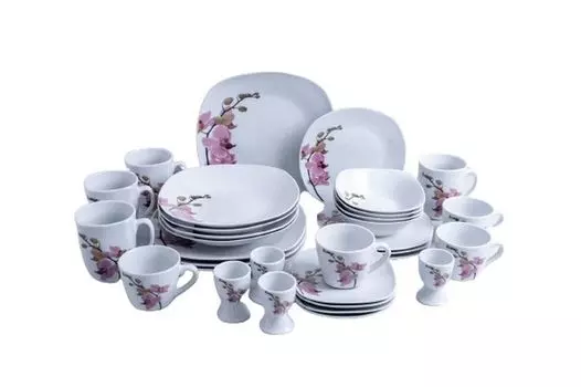 Комбинированный сервиз «Киото», 32 предмета, квадратной формы, белый с розовой орхидеей, фарфор, посудомоечная машина и микроволновая печь, в коробке с 4-цветной печатью Van Well