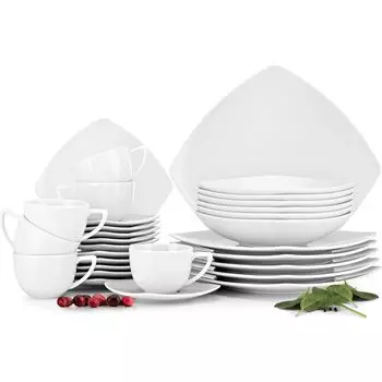 Комбинированный сервиз Konsimo CARLINA обеденный и кофейный сервиз на 6 персон (30 предметов), белый, фарфор, итальянский, 25,5х25,5/20х20/19х19/14х14/180мл