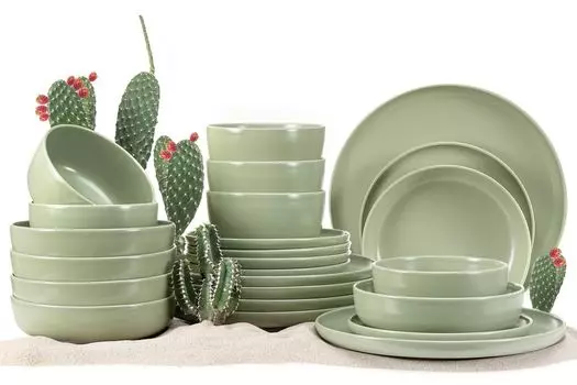 Комбинированный сервиз Konsimo Миска VICTO, десертная тарелка, обеденная тарелка, суповая тарелка на 6 персон (24 эл.), фисташковый цвет, керамика, лофт, 20 см | 27см | 18,5 см | 14,5 см, зеленый