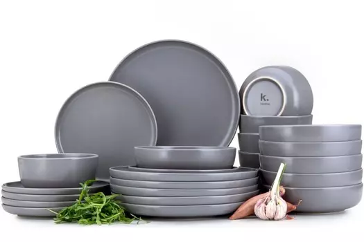 Комбинированный сервиз Konsimo Миска VICTO, десертная тарелка, обеденная тарелка, суповая тарелка на 6 персон (24 эл.), серый, керамический, лофт, 20 см | 27см | 18,5 см | 14,5 см