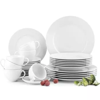 Комбинированный сервиз Konsimo обеденный и кофейный сервиз на 6 персон (30 предметов) "МУСКАРИ", белый, фарфор, современный, 22,5см/27см/20см/14,5см/200мл