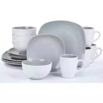 Комбинированный сервиз Retsch Arzberg "Набор посуды, сервиз NOVA SQUARE", (набор, 16 предметов, по 4 тарелки для завтрака, обеденные тарелки, (ручки) чашки, пиалы), двухцветный вид, 16 предметов, на 4 персоны, белый/серый