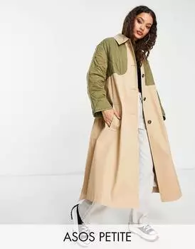 Комбинированный стеганый тренч цвета хаки ASOS DESIGN Petite