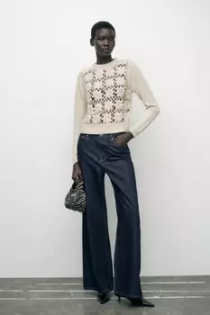 Комбинированный свитер крючком ZARA, экрю
