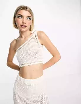 Комбинированный топ на одно плечо крючком цвета экрю Pull&Bear