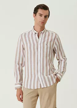 Комфортная льняная рубашка с вертикальными полосками Beymen Club, бежевый