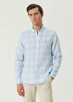 Комфортная льняная рубашка в квадратную клетку Beymen Club, голубой