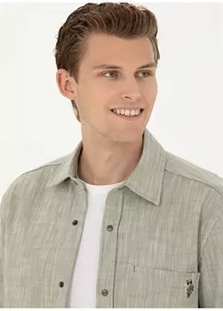 Комфортная мужская рубашка цвета хаки с воротником на пуговицах BONOF U.S. Polo Assn., хаки