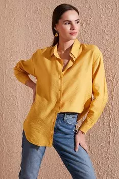 Комфортная свободная рубашка с длинной спиной 6058721 Lela, желтый