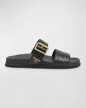 Комфортные сандалии с двумя ремешками и пряжкой под крокодила Prada, цвет Nero