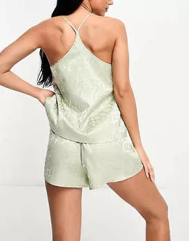 Комфортный комплект из атласного жаккарда с бретелями сзади и короткими рукавами с шалфейно-зеленым принтом жирафа