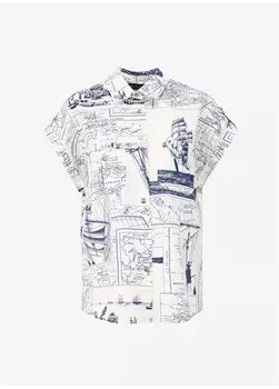 Комфортный крой с рубашечным воротником с рисунком Бело-темно-синяя женская рубашка с рисунком и погонами Brooks Brothers, темно-синий