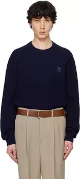 Комфортный ребристый свитер с нашивкой в виде головы лисы темно-синего цвета Maison Kitsune